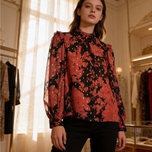 Pinch Black and Red Floral Blouse with Metallic Accents. Sheer with Camisole.